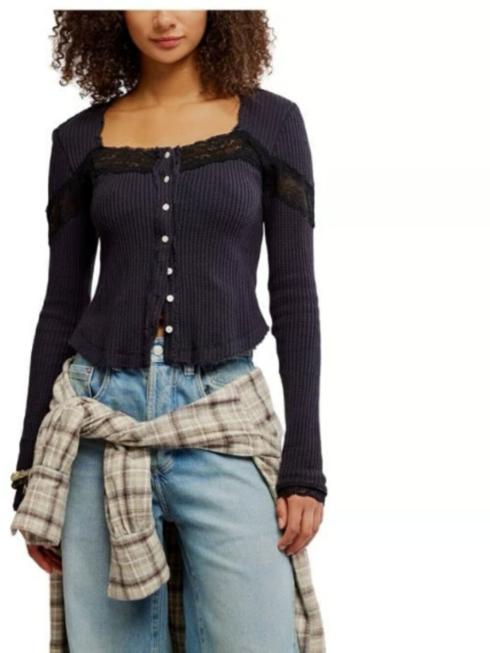 Free People Let’s Party Square‑Neck Button‑Front Top NWT Black L - B189